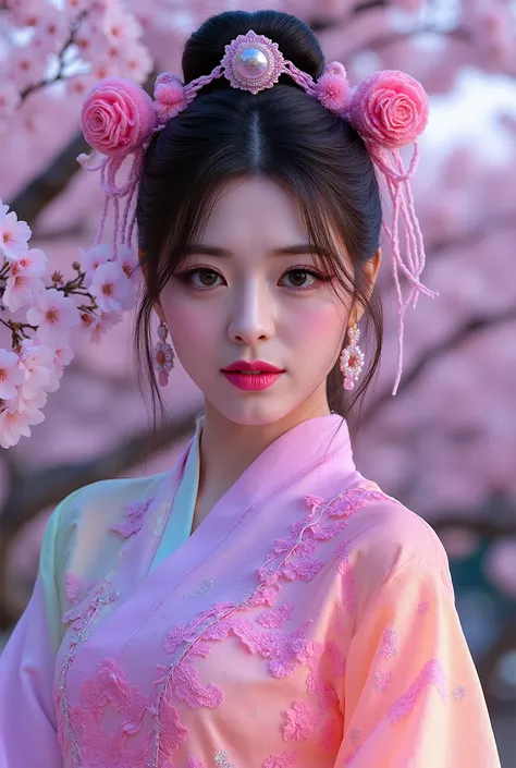 (Full Body), A luminous Korean beauty from ancient dynasties (221 BCE - 220 CE) stands majestically against a outdoor cherry blossom background, her vibrant raibow twotone Wuxia attire radiating an otherworldly aura. David Lachapelle's lens captures the fr...