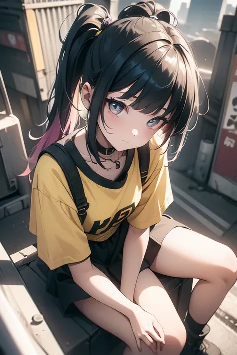     a young girl, 18 years old, multicolored hair, with two side ponytails,    wearing a yellow and black top and short    . She is serious and is sitting on the edge of a tall building in a rundown city., dark and with neon signs ((porn)) (( masterpiece))...