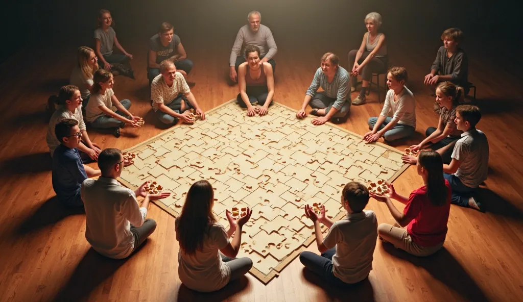 "A giant puzzle on the floor, with some missing pieces. People of different ages and backgrounds are all around, holding pieces that fit together perfectly.  The stage is illuminated by a soft and warm light , depicting meaningful connections."

