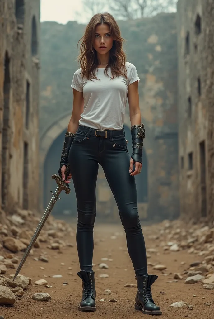 A full body imagen of a sexy and beautiful woman, woman with chestnut brown hair and piercing blue eyes. She stands with a serious expression. Wears a tight Black pants, Black boots and white tshirt. stands in a battle arena with a rapier in his hand.