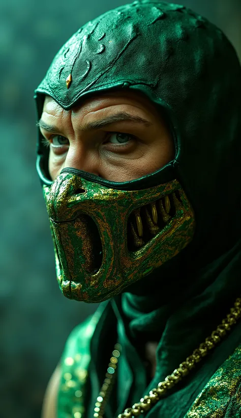 Here is a detailed prompt to generate an image ** super realistic** of Tom Hardy as **Reptile**, focused **only on the face**, with a green outfit and a shiny metallic green mask partially covering the face, and a striking background:
---
**"Close-up ...