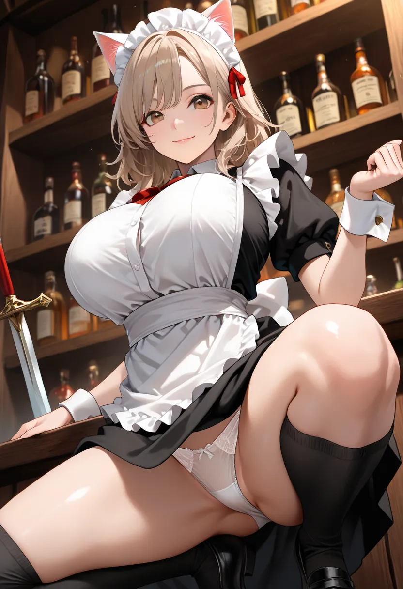 (masterpiece, High Resolution, 2K resolution, very detailed), (1 girl, perfect face、Cat ears), ( Light Brown Hair,), (brown eyes, perfect eyes),  huge breasts,  Medieval Fantasy,  sword on his waist, 魅惑的なsmile, In the bar, best quality,  thighs, (black kne...