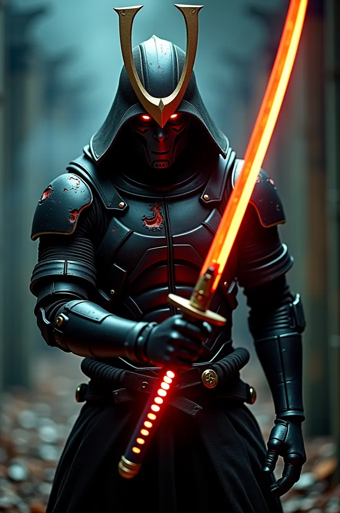 cyber warrior, wounded, blood,  holding a glowing katana in front of him, orange glowing,  damaged armor, smoking bullet marks, fog , (close up, portrait:1.1), Film grain, cinematic film still, shallow depth of field, highly detailed, dark, chiaroscuro, lo...