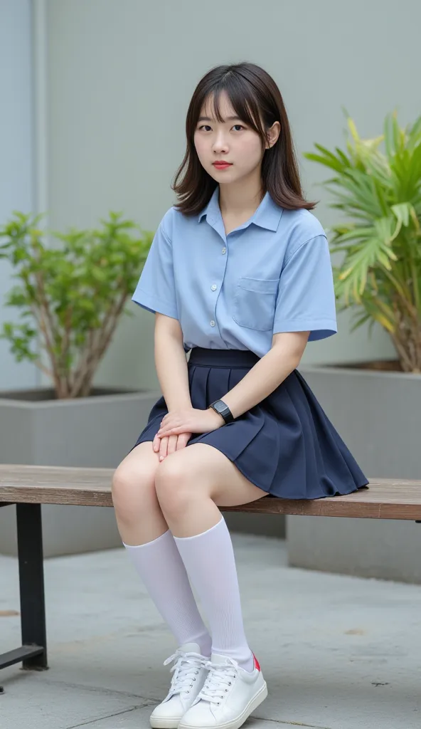 １girls　
white high socks between thighs、Sneakers
uniform 　
sit on the bench、real