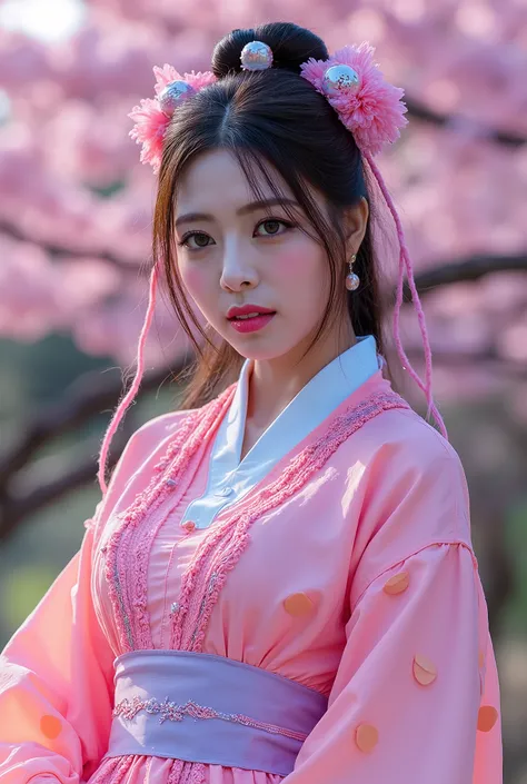 (Full Body), A luminous Korean beauty from ancient dynasties (221 BCE - 220 CE) stands majestically against a outdoor cherry blossom background, her vibrant raibow twotone Wuxia attire radiating an otherworldly aura. David Lachapelle's lens captures the fr...