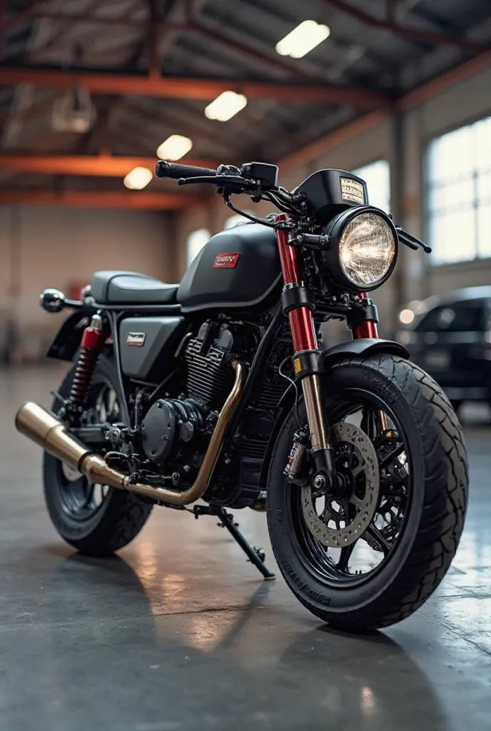 A customized motorcycle in the Street Tracker style, based on a Marva 50cc. The design includes matte black paint with red details gold, anti-slip synthetic leather seat, straight sports handlebar, round LED headlight, minimalist taillight, sports exhaust,...