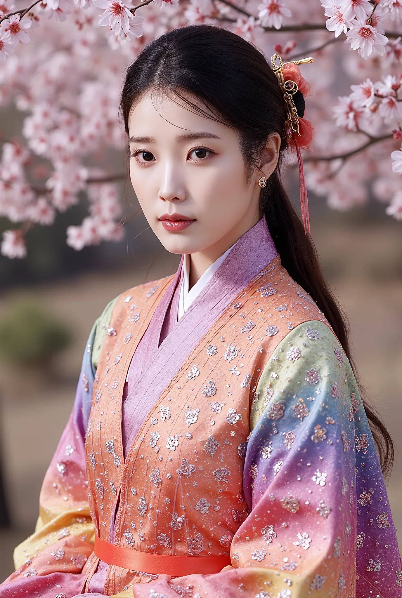 (Full Body), A luminous Korean beauty from ancient dynasties (221 BCE - 220 CE) stands majestically against a outdoor cherry blossom background, her vibrant raibow twotone Wuxia attire radiating an otherworldly aura. David Lachapelle's lens captures the fr...