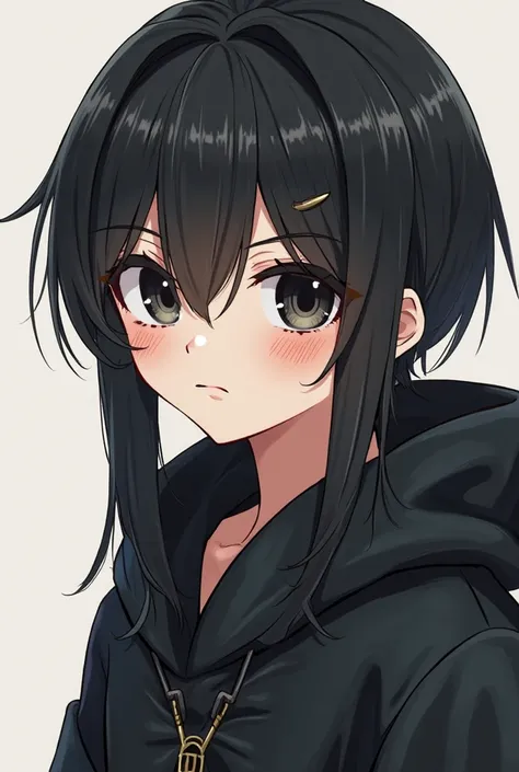 Create an anime character: 16-year-old boy, straight black hair, black eyes, black eyeshadow, black eyeshadow, cute little nose, Reminder he is a wizard Wizard simple do noas if a person had drawn him on the computer.