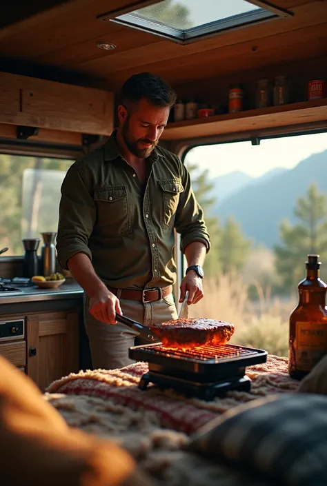 A man grilling steak inside the van