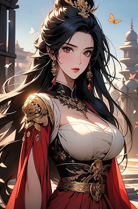  a woman, long black hair, Wearing Hanfu，Very tidy hair, On the battlefield. thousands of, Big Breasts Big Breasts,  Butterfly, Siege equipment, Ancient Background, antique, delicate and beautiful skin, exquisite facial features,  cool tones,  complex back...