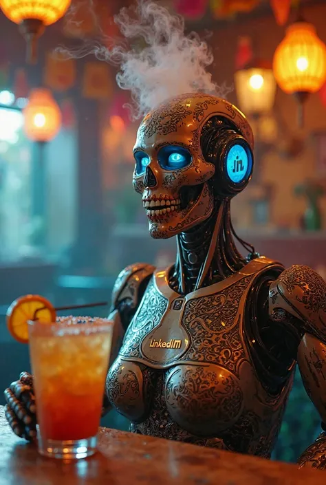 **Ultra-realistic 8K cinematic close-up shot of a stunning humanoid robot, blending sleek futuristic aesthetics with intricate Día de los Muertos engravings. A metallic LinkedIn logo is embedded in its chest. The robot sits in a vibrant Mexican cantina, ba...