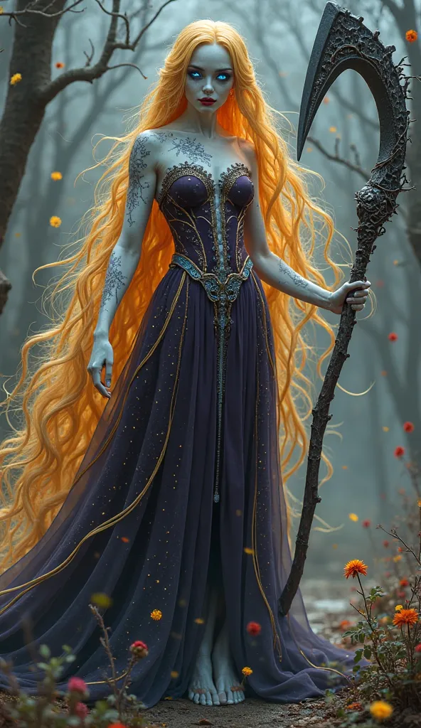 "A mesmerizing hybrid creature combining the haunting features of the Goddess of Death with the vibrant energy and magic of Rapunzel. The creature’s body is tall and ethereal, with the regal, bone-like structure of the Goddess of Death, her pale, transluce...