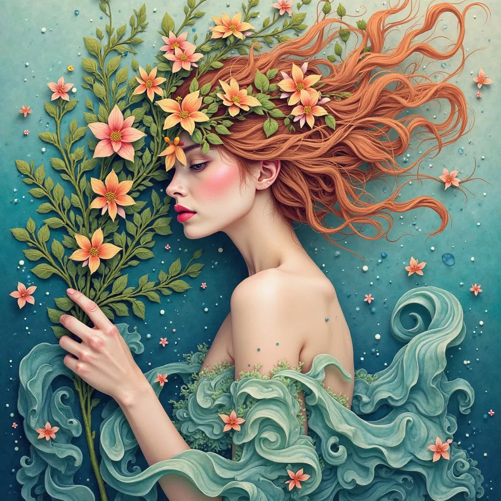 A modern mermaid emerges from a kaleidoscope of colors, His face, a masterpiece of elegance and poise, as she clutches a green branch full of vibrant flowers and lush foliage. In this dynamic, 3D watercolor Wonderland, soft petals and delicate leaves dance...