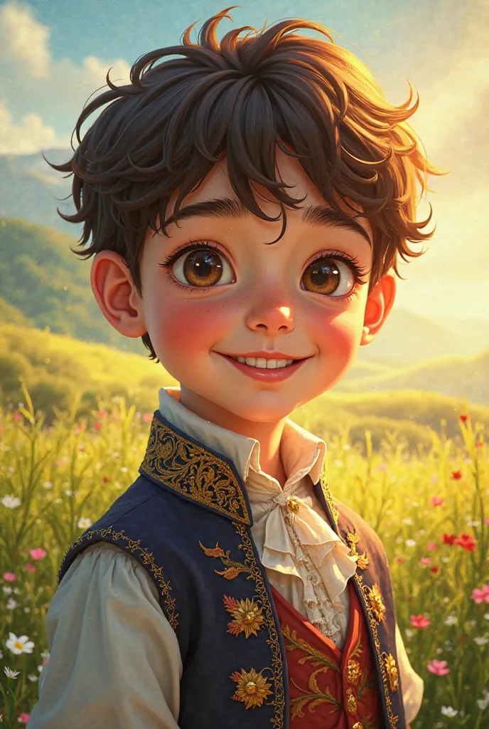 Recreate a boy with a light-drenched face where you can only see his smile, who wears royal colonial clothes and is surrounded by a meadow in the artistic style of the anime. 