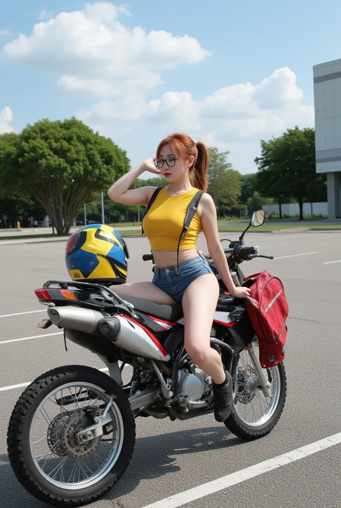 extremedly hot voluptuous nerdy university student very beautiful nerdy with extremedly exaggeratedly huge bust and extremedly wide hip and extremedly thin waist and tied red hair and glasses and make-up and wearing an extremedly tight small yellow tanktop...