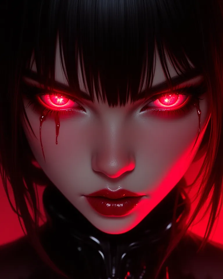 The anime-style beautiful female character has jet-black hair with straight-cut bangs framing her face, its glossy texture catching highlights from the harsh crimson illumination.

Her eyes command immediate attention-blood-red irises with an unnatural glo...