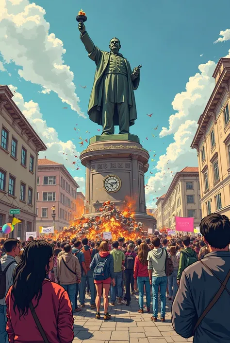 Destruction of a statue in a public square,  with surrounding people supporting the cause, Creation made in the cartoon art