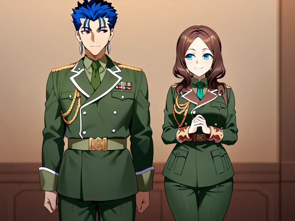 Cu_Chulainn(fate), blue_hair, red_eyes, Leonardo_da_vinci(Fate), Brown_hair,Blue_eyes, 1boy, 1girl, standing, smile, military_uniform, military_jacket, green_shirt, green_pants, green_necktie, military_woman