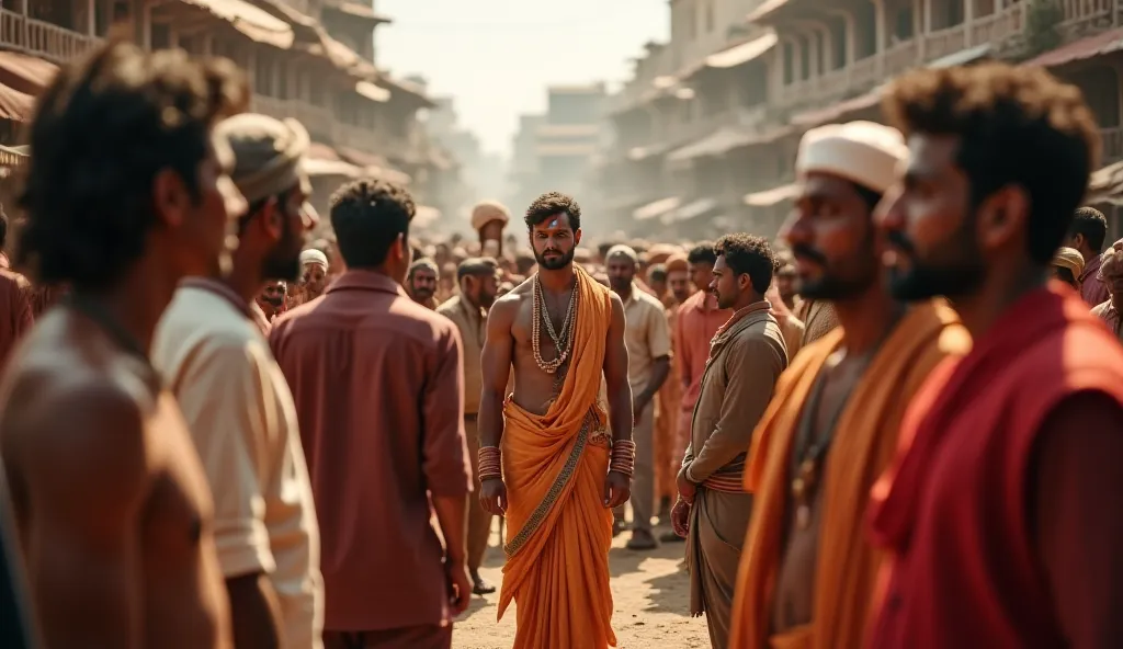 A very clear ultra HD dynamic image of "A bustling ancient Indian market with traders and villagers whispering among themselves. Some look shocked, others nod in agreement. A town crier stands in the middle, announcing something important, while people exc...