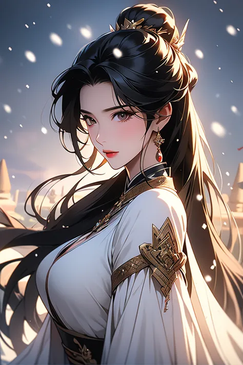  a woman, long black hair, Wearing snow-white Hanfu，Very tidy hair, On the battlefield. thousands of, Big Breasts Big Breasts,  Butterfly, Siege equipment, Ancient Background, antique, delicate and beautiful skin, exquisite facial features,  cool tones,  c...