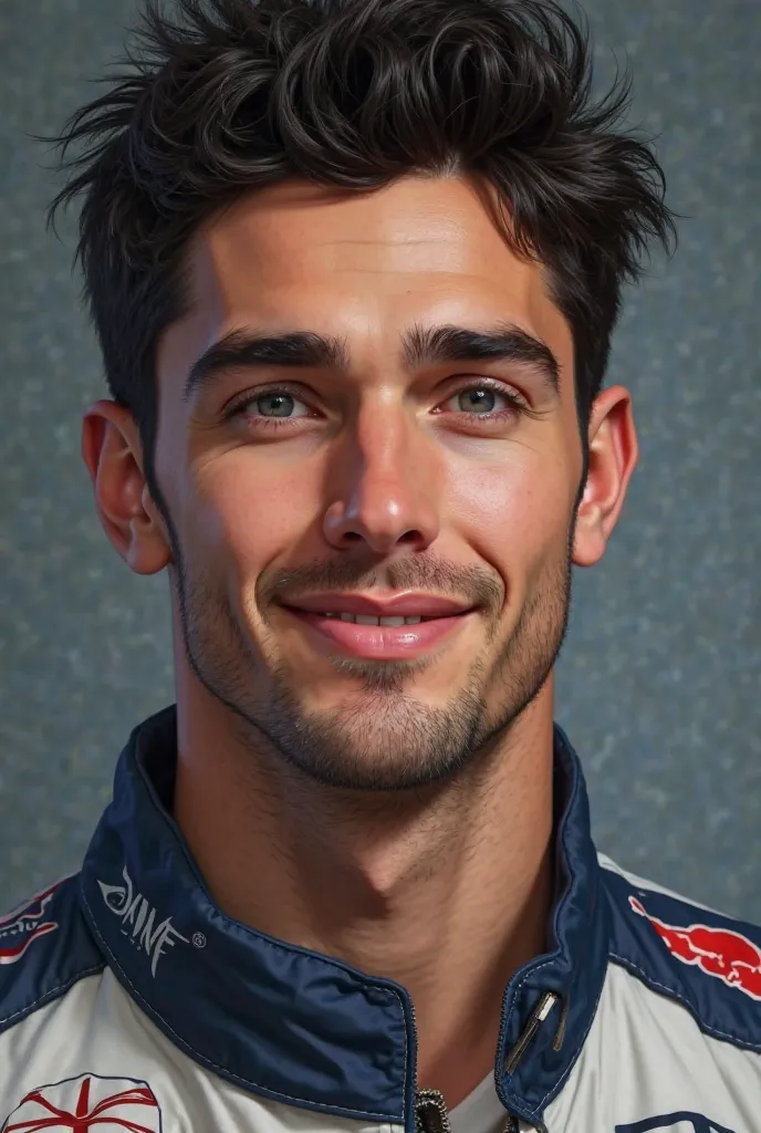 Joshua Ricci, 27-year-old Formula 1 driver, height 1.86, tez blanca, strong and athletic complexion, black hair,  navy blue eyes,  manly features,  strong jaw, sweet and charismatic look 