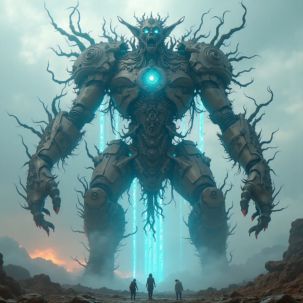 A towering 60-meter monstrosity, the failed fusion of four cyberpunk sorceresses, a grotesque mass of jagged metal barely held together by surging arcane energy. Its quadrupedal form is immense and unnatural, with titanic limbs of crude steel and arcane te...