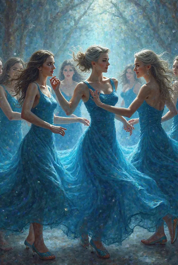 Make a group of women dressed in blue dancing ,one with long hair ,another with short gray hair ,old wrinkled ,young women with glass slippers drop their shoes and become witches