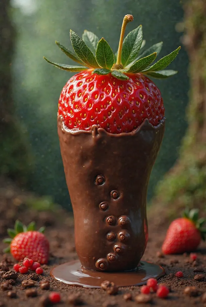 A strawberry in the shape of a footprint covered in chocolate and Chiapas 