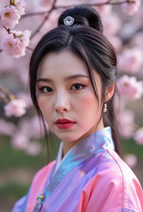 (Full Body), A luminous Korean beauty from ancient dynasties (221 BCE - 220 CE) stands majestically against a outdoor cherry blossom background, her vibrant raibow twotone Wuxia attire radiating an otherworldly aura. David Lachapelle's lens captures the fr...