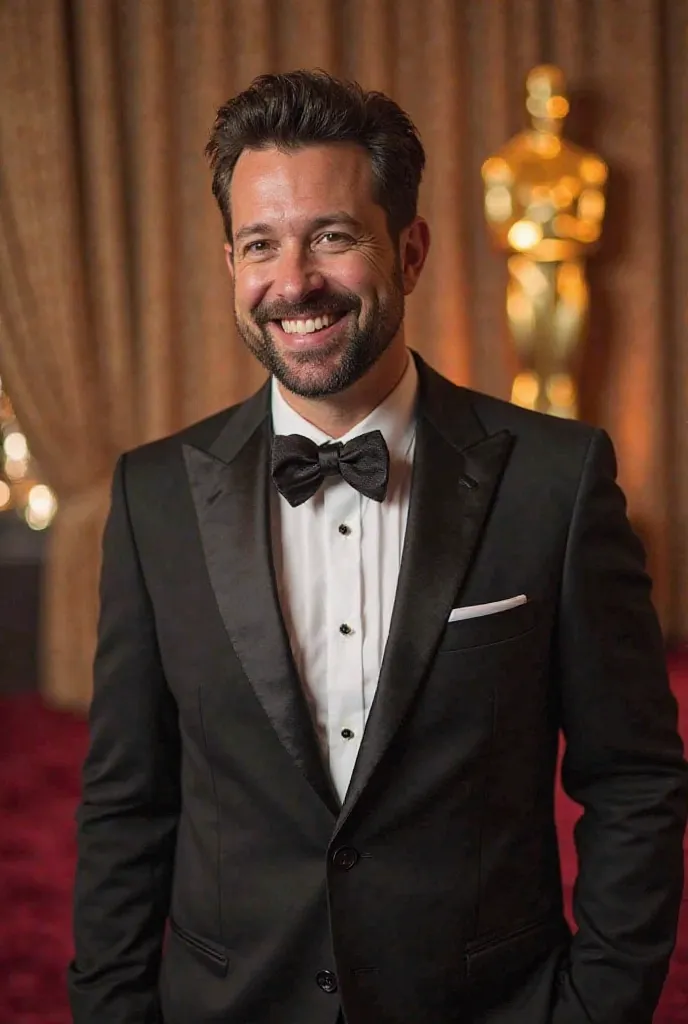 Recreate the image of when Adam Sandler was at the 2025 Oscars. With clothes that he wears and the rest of the shows. But instead of him, Be an ordinary young man of apparently 25 years old with a beard. This young man is smiling.