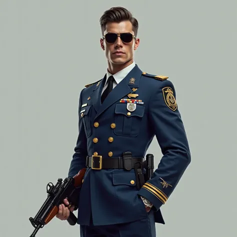 A young man, police officer, Major General., blue uniform , sunglasses with rifle in hand