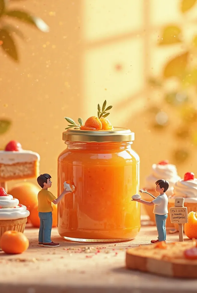 “A bright and inviting cartoon-style scene featuring a beautifully packaged jar of apricot jam at the center. Tiny figures are spreading it on toast, adding it to yogurt, and decorating cakes with it. A small sign nearby reads ‘100% Natural – No Preservati...