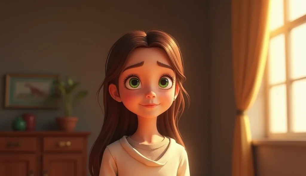 The five-year-old animation style ultra realistic gospel long brown hair green eyes beautiful the setting in an ultra realistic room modern Christian clothing with lots of sharp details and very good quality image 