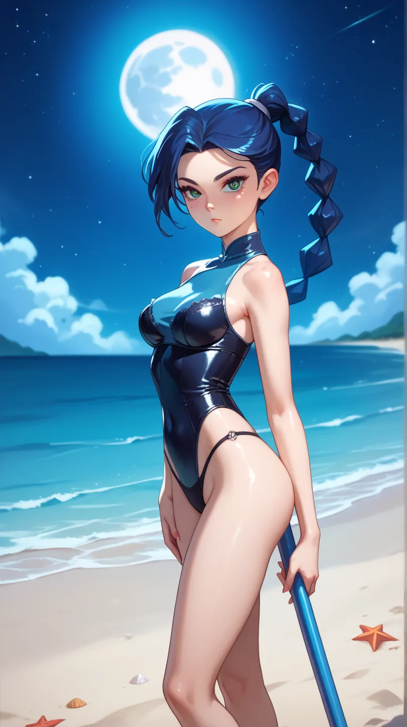 Standing on the beach at night, looking at you with sultry eyes, medium breasts, juicy legs, slightly arched back, stars in the sky, shiny eyes, moon light on the ocean, her blue ponytail in the wind, wearing black lingerie and thong 