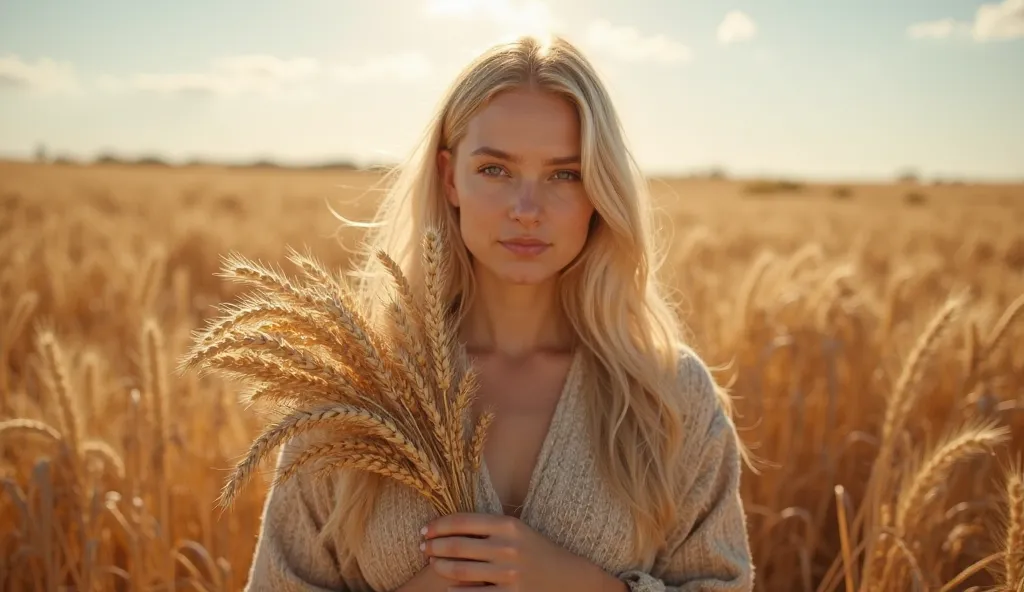 A woman facing forward, Blonde woman holding a bouquet of wheat ears in a wheat field, with modest and simple clothes, Typical of the time of Jesus, like a coarse-woven tunic covering part of your hair, The sunlight reflecting off your face