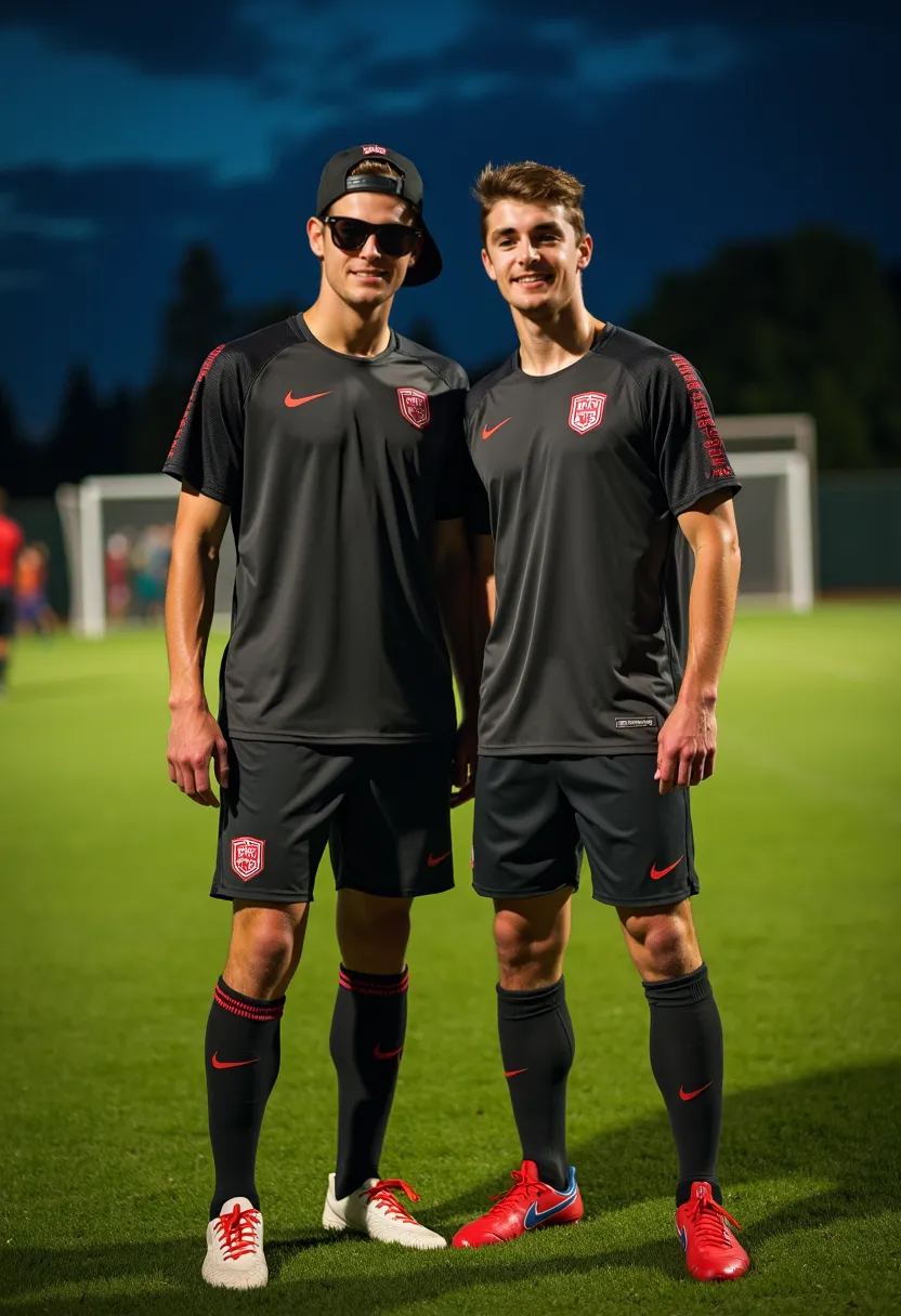 I took a selfie with a friend, I am a 19-year-old man, short hair, hat backwards, sitting on the grass of a soccer field, it's nighttime, we are sweaty and we have Nike soccer clothes and soccer shoes and soccer cleats.. and sunglasses.  athletic build.