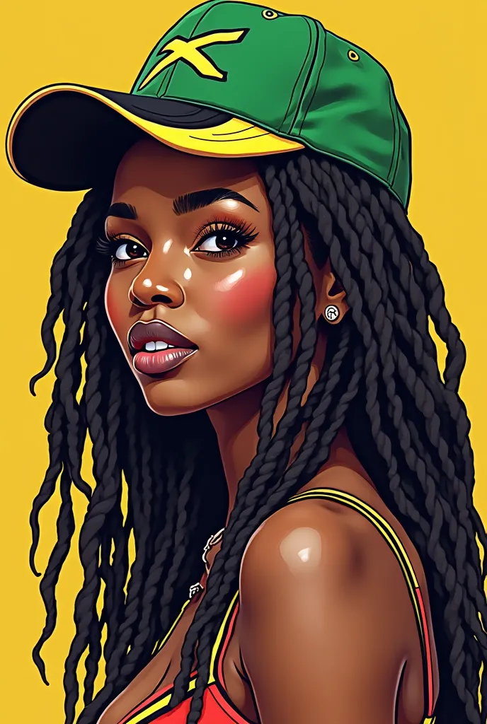 illustration, une femme noire avec des dreadlocks et une casquette sur la tête aux couleurs de la Jamaïqu