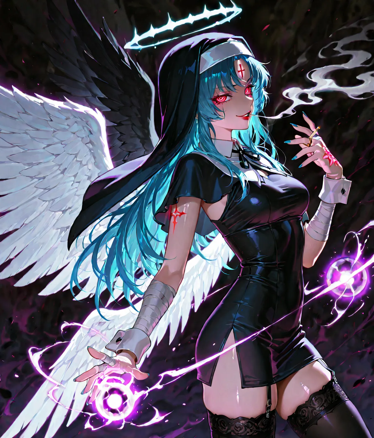 masterpiece, best quality, high quality, Blue hair, long hair, open eyes, red lips, medium breasts, thin body,  shiny lips,  shiny eyes ,g0dishmiku, forehead mark, black tears tattoo, face tattoo, long hair, halo, red eyes, blue eyes, ringed eyes, blue rin...