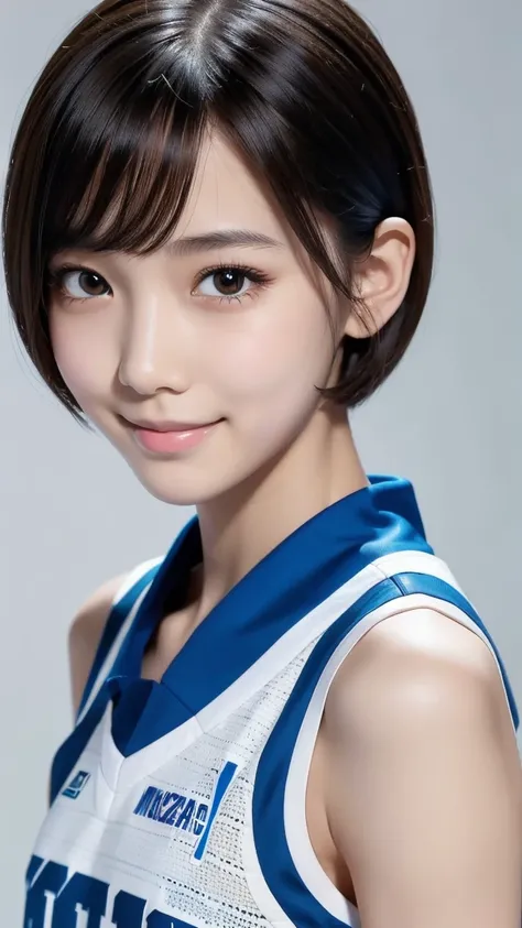 Short Hair,Basketball Uniforms,young beautiful girl,super slender body,Correct human body,detailed eyes,detailed face,beautiful face,cute face,beautiful skin,Eyes of the same size left and right,droopy eyes,embarrassed smile,highest resolution,highest qual...