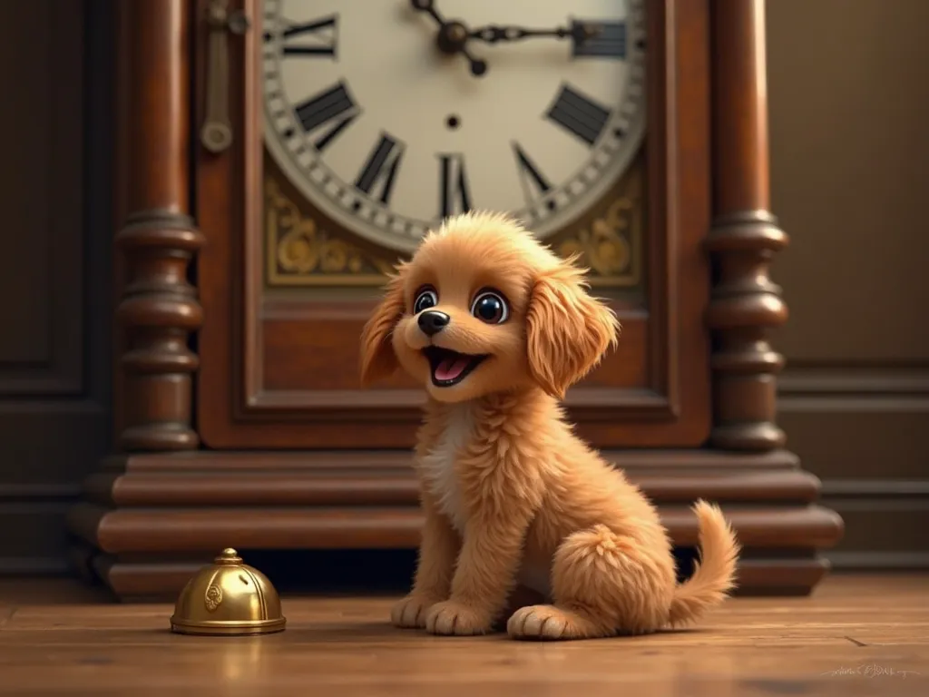 A small, fluffy brown puppy with big, excited eyes sits near the grandfather clock, wagging its tail happily. The clock hands now point to three. The puppy’s ears perk up as it looks up at the moving hands, its tail creating soft swishes on the wooden floo...