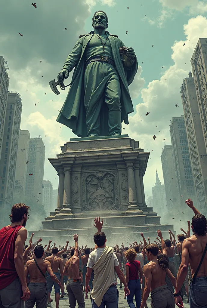 Destruction of a statue in a public square, in an image of a dystopian futuristic city in perspective ,with people in shabby clothes around supporting the cause, Creation made in the cartoon art