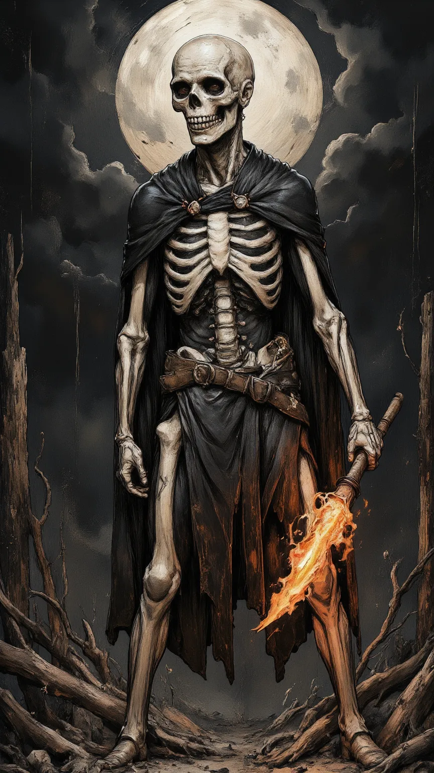 Skeleton Warrior,Handheld Flame Cutter,Standing in Death Haunted Valley,Detailed Realistic Character,Professional Image,4K,High Resolution, Extreme Detail ,Photo-realistic,exquisite oil painting,Dark Horror,Dark Atmosphere, dense shadow ,Dark Burning Effec...