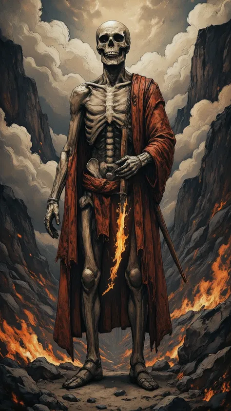 Skeleton Warrior,Handheld Flame Cutter,Standing in Death Haunted Valley,Detailed Realistic Character,Professional Image,4K,High Resolution, Extreme Detail ,Photo-realistic,exquisite oil painting,Dark Horror,Dark Atmosphere, dense shadow ,Dark Burning Effec...