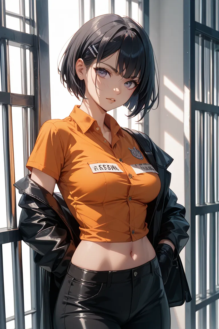 slender,black short hair、prison、medium breasts、prison clothes