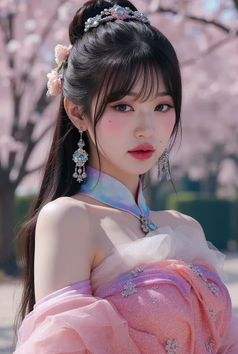 (Full Body), A luminous Korean beauty from ancient dynasties (221 BCE - 220 CE) stands majestically against a outdoor cherry blossom background, her vibrant raibow twotone Wuxia attire radiating an otherworldly aura. David Lachapelle's lens captures the fr...