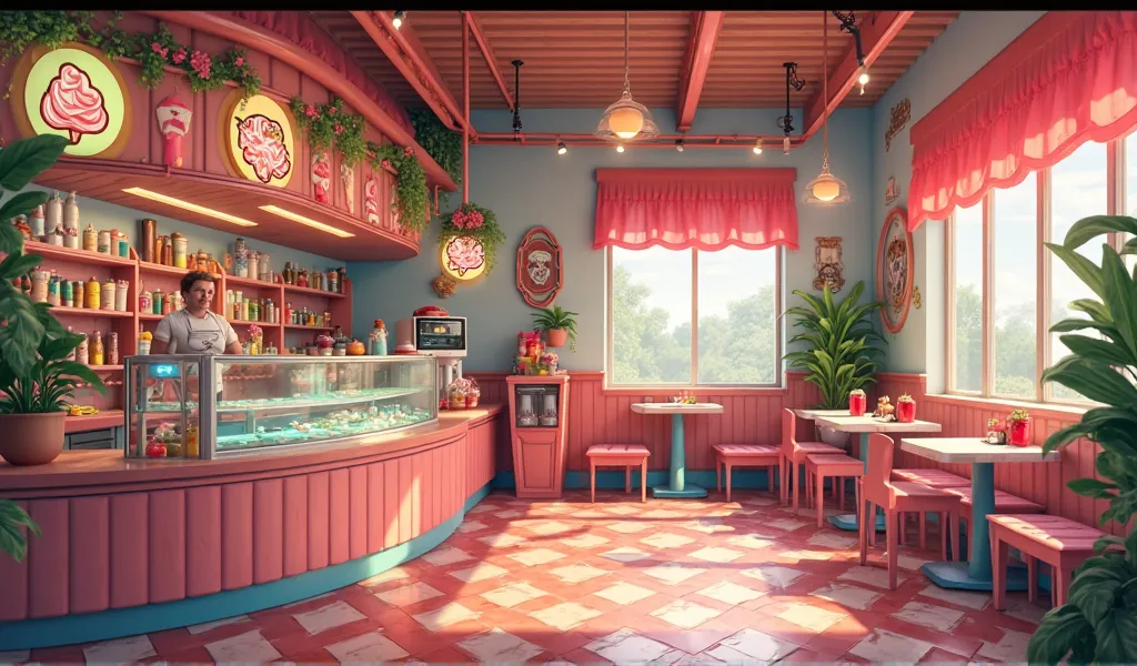 change to make it look more fun and with an allusion to Potaxie culture, add to the color palette of the ice cream store, vibrant brown and pink tones, Without neglecting green