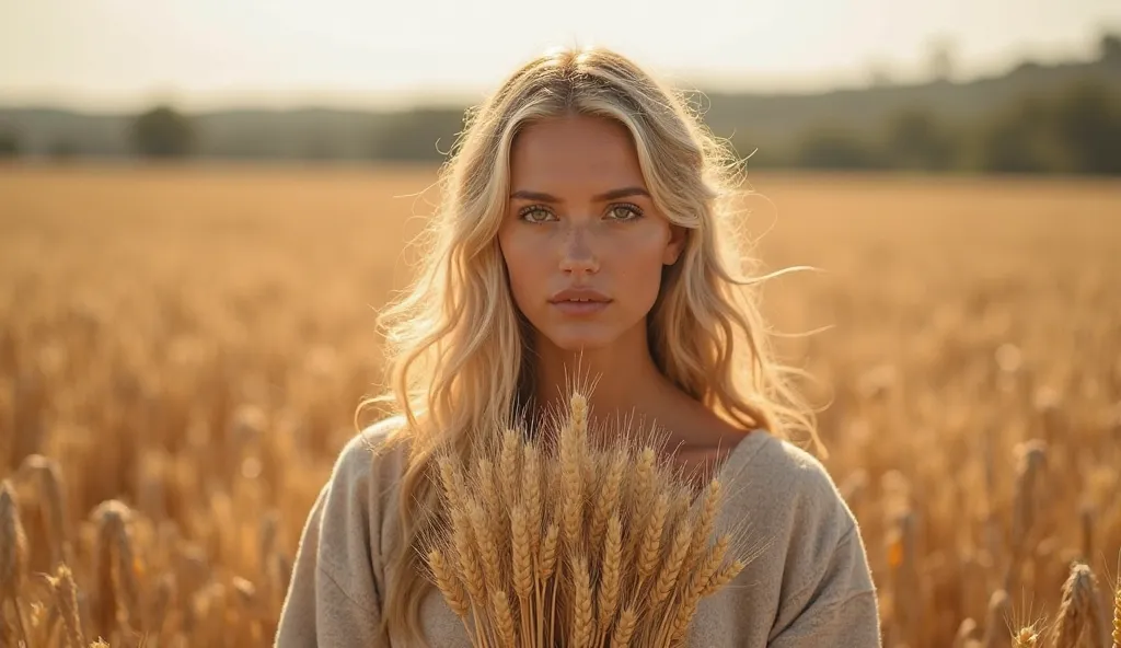 A woman facing forward, Blonde woman holding a bouquet of wheat ears in a wheat field, with modest and simple clothes, Typical of the time of Jesus, like a coarse-woven tunic covering part of your hair, The sunlight reflecting off your face