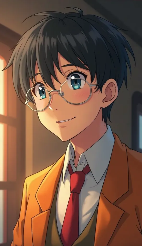 character traits:
 * Race: Elfのような尖った耳
 * gender:  male
 * age: middle aged
 * Hairstyle: dark colored short hair、all back
 * face: Narrow Face、 smiling 、Sharp teeth
 * clothing: orange jacket、white shirt、red tie
 * accessories: round glasses
スタイル:
 * anim...