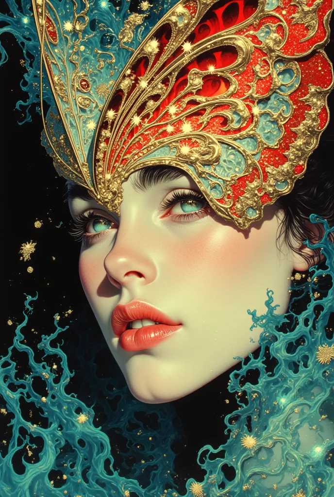 Triple exposure: A surreal and ethereal portrait of a woman whose face merges seamlessly with the wings of an intricate butterfly. The butterfly's delicate, translucent wings are adorned with gold filigree and deep red and teal hues, creating an enchanting...