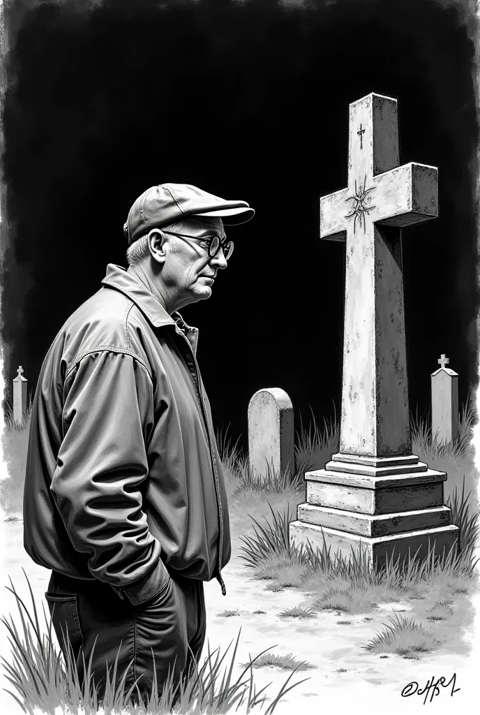 Black and white drawing, very contrasting, of a man looking at an old pantheon in a cemetery in the United States in the 1950s, the man is short and a little fat he is 40 years old, he wears a vintage jacket and a cap and wears round frame glasses, It is d...